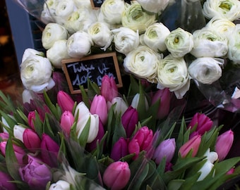 Paris Photography, Purple and Pink Tulips and White Ranunculus for Sale in Paris, Paris Print, Bathroom Art, Flower Photo, kitchen art