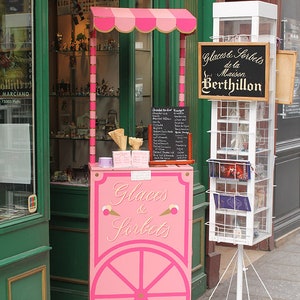 May include: A pink and white ice cream cart with a sign that reads "Glaces & Sorbets de la Maison Berthillon". The cart has a pink wheel and a white awning. There is a white metal stand with shelves next to the cart.