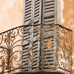 May include: A weathered, rusty iron balcony railing with intricate scrollwork, partially obscuring a closed, blue wooden window shutter.