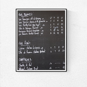 Fotografía de París, carta clásica de vinos franceses en pizarra, blanco y negro, menú parisino, tipografía, decoración de cocina, arte de cocina francesa