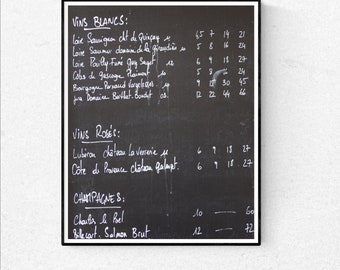 Paris Photography, Classic French Wine menu on a chalkboard, Black and White, Paris Menu, Typography, Kitchen home decor, French Kitchen Art