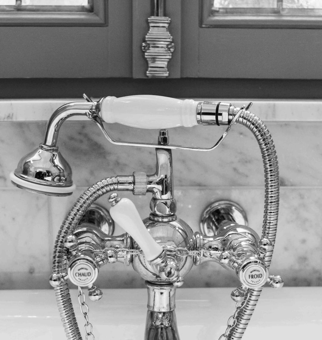 French Bathroom Art, Hot and Cold Bathroom Faucet, Black and White