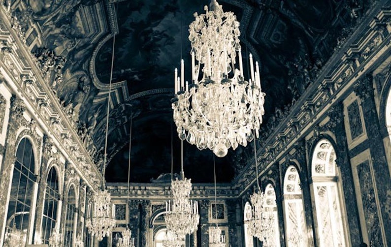 Hall of Mirrors, Paris Photography, Versailles, France, Chandelier Photograph, deep blue, paris home decor, nursery decor, blue wall art image 2