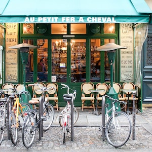 Paris Photography, Paris Cafe in the Marais, Paris Kitchen Art, Cafe Photo, Art Prints, Bike, Blue Paris Decor, Paris Photography Print