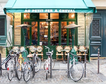 Paris Photography, Paris Cafe in the Marais, Paris Kitchen Art, Cafe Photo, Art Prints, Bike, Blue Paris Decor, Paris Photography Print