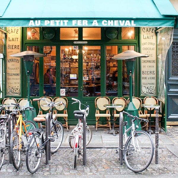 Paris Photography, Paris Cafe in the Marais, Paris Kitchen Art, Cafe Photo, Art Prints, Bike, Blue Paris Decor, Paris Photography Print
