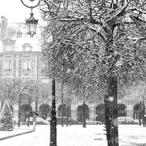 Paris Photography, Place de Vosges, Snowy morning in Paris, winter photography, Paris in the snow, black and white art, Winter in Paris