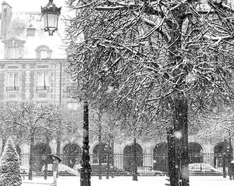 Paris Photography, Place de Vosges, Snowy morning in Paris, winter photography, Paris in the snow, black and white art, Winter in Paris