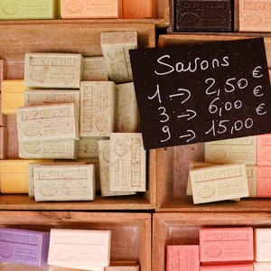Bathroom Art, French Soap in Nice, The markets of Southern France, Savon de Marseille, Bright pink, Baby Blue, French Home Decor