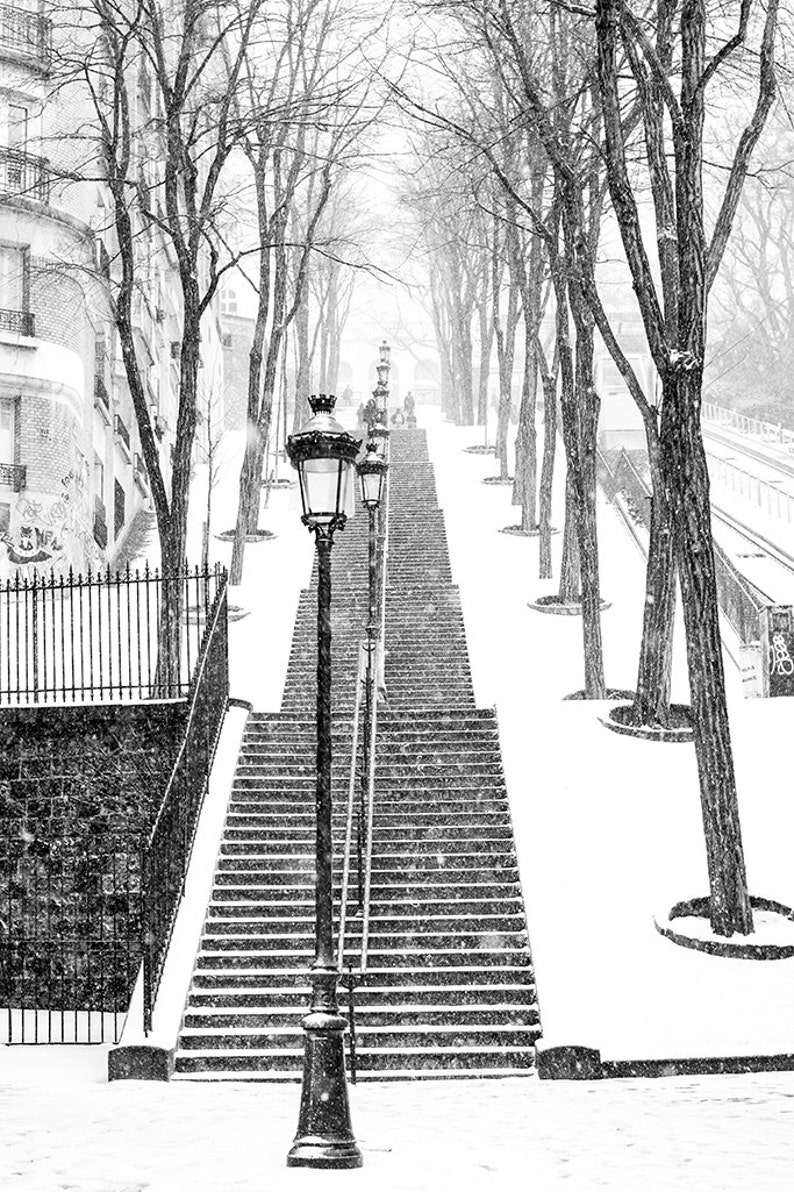 Paris Photography, Snowy morning in Montmartre, winter photography, Paris in the snow, black and white art, Winter in Paris, Francophile image 2