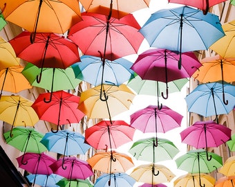 Paris Photography, Bright Colored Umbrellas in Paris, Paris Right Bank, Colorful Umbrellas, Rain in Paris, Paris in the rain, Bathroom Art