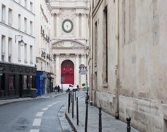 Paris Photography, Rainy Morning in the Marais, St Paul, soft blue and grey tones,French Decor, Paris Wall Art, red door, paris architecture