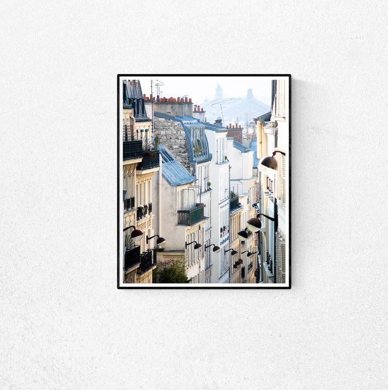 Paris Photography, Romantic Rooftops of Montmartre, soft blue and grey, Paris Print, Francophile Gift, Paris Wall Art, Paris Bedroom Art image 1