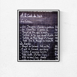 Fotografia paryska, Klasyczne francuskie menu na tablicy, Czarno-białe, Menu paryskie, Typografia, Wystrój kuchni, Francuska sztuka kuchenna