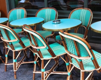 Paris Photography, Mint green cafe Chairs in Montmartre, Parisian Café, Mint Green Wall Art, Rue des Abbesses,, Paris Print for Sale