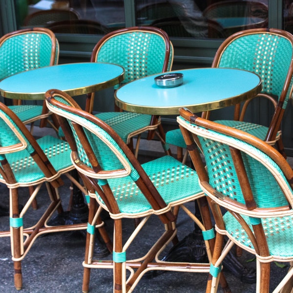 Paris Photography, Mint green cafe Chairs in Montmartre, Parisian Café, Mint Green Wall Art, Rue des Abbesses,, Paris Print for Sale