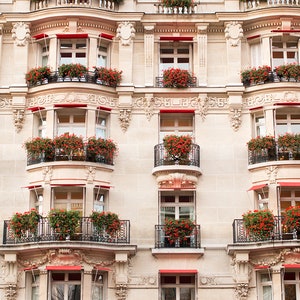 Paris Photography, Red Floral Balconies at Plaza Athénée, Parisian Windows, Red Flower Boxes, Living Room Art, Paris Red Bathroom Art