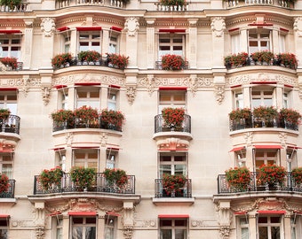 Paris Photography, Red Floral Balconies at Plaza Athénée, Parisian Windows, Red Flower Boxes, Living Room Art, Paris Red Bathroom Art