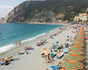 Italy Photography, Beach days in Cinque Terre, Monterosso, Italy, beach photography, Italian home decor, blue umbrellas, summer in italy