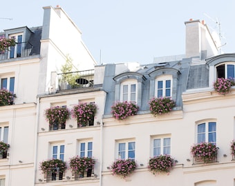 Paris Photography, Balconies on St Germain, Parisian Rooftops, Pink Flower Boxes, Living Room Art, Paris Pink Balcony, Bathroom Wall Art