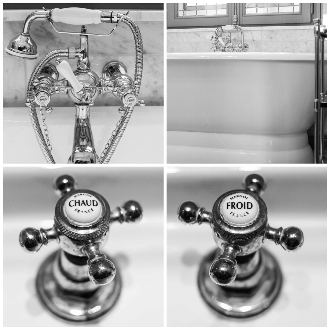 French Bathroom Art, Hot and Cold Faucet Set of 4, Black and White