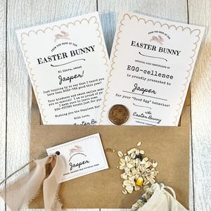 May include: An Easter-themed gift set featuring two decorative certificates from the Easter Bunny, a small tag, a wax seal, a small bag, and a pile of oats. The certificates are addressed to "Jasper".