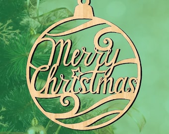 May include: A wooden Christmas ornament shaped like a ball with the words "Merry Christmas" written in a decorative font.