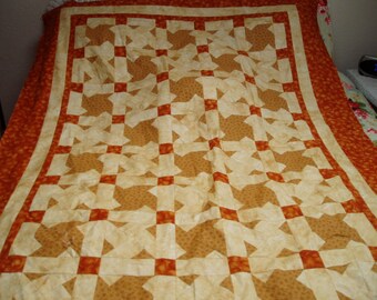 Handmade Quilt Top/Coral/Beige/Brown