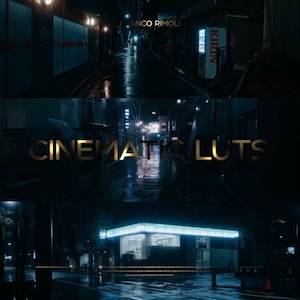 Puede incluir: Un callejón oscuro y lluvioso en una ciudad por la noche. El callejón está iluminado por farolas y letreros de neón. El texto "CINEMATIC LUTS" se muestra en letras doradas.