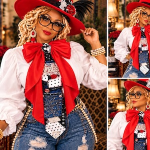 Handmade Red Satin Bow Necktie – Denim Lace Patchwork Statement Accessory