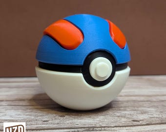 May include: A 3D printed Poke Ball with a white base, a black ring, and a blue top with two orange accents.