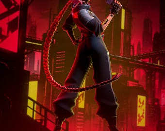 Peut inclure: Une figurine stylisée d'un personnage aux cheveux roses en longue tresse, portant une tenue noire et un masque, tenant une arme de poing. Le personnage se tient sur une plateforme rectangulaire avec le texte Arasaka imprimé en rouge.