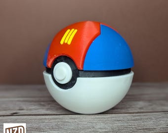 May include: A red, white, and blue Pokeball with a yellow stripe. The Pokeball is a popular toy and collectible.