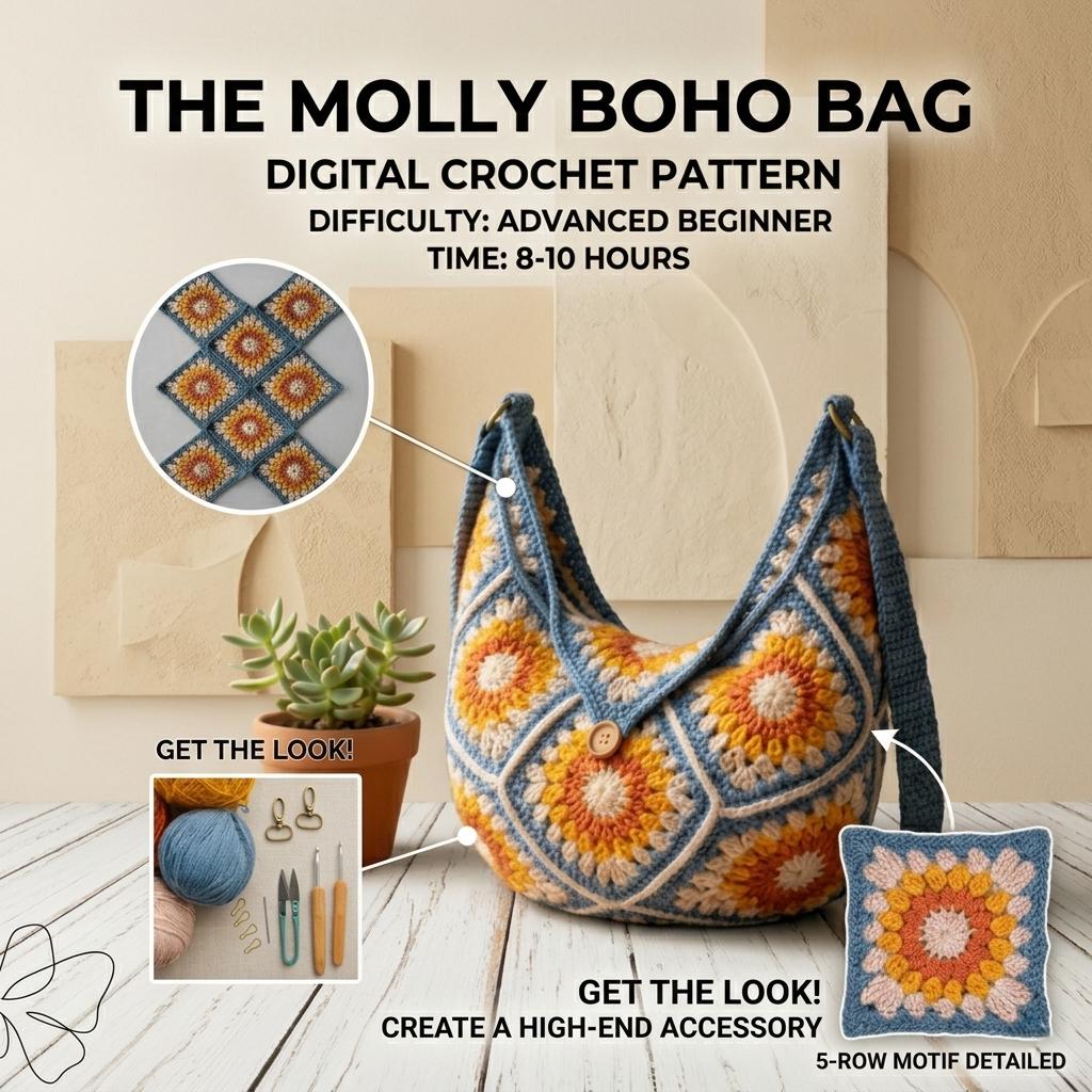 30 Boho Bag Crochet Patterns for Fringe, Florals, and Everyday Texture 29 Sunflower Molly Boho Granny Square Tote