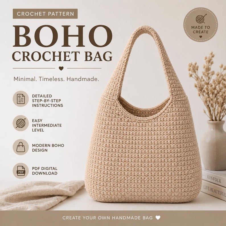 Crochet Hobo Bag Pattern, Modern Tote, Market Bag PDF (Digital Download) image 1