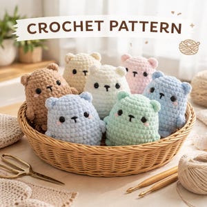 May include: A collection of handmade crochet bear toys in a woven basket. The bears are in various pastel colors, including brown, white, pink, blue, and green. The text "CROCHET PATTERN" is displayed above the basket.