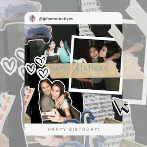 Op de afbeelding: Een collage van afbeeldingen met een verjaardags thema. De collage bevat foto's van vrienden, een auto, een zwaan en een vlinder. De tekst "HAPPY BIRTHDAY!" is in wit op een zwarte achtergrond geschreven.