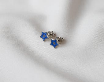 Blue Enamel Star Earrings: 925 Sterling Silver Kids Studs
