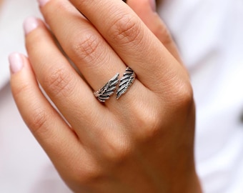 Sterling Silver Angel Wings Ring: Adjustable Feather Band