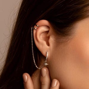 Ear Cuff Star Mono Earring, White Diamond Hoop Earring, Sterling Silver Single Earring, Elegant Handmade Silver Jewelry, Gifts For Her