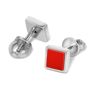 Coral Sterling Silver Stud Earrings, Women&#39;s Coral Gemstone Earrings, Red Silver Earrings, Red Coral Jewelry, Handmade Jewelry, Gift for Her