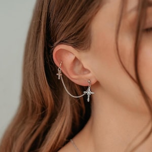 Sterling Silver Cross Ear Cuff Earring – Single Dangle Stud with Chain – Rhodium-Plated, Cubic Zirconia, Dainty Handmade Gift for Her