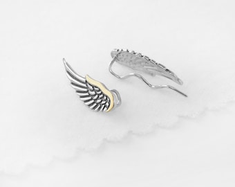 Sterling Silver Angel Wing Climber Earrings: Handmade Minimalist Jewelry