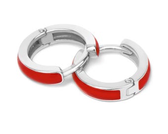 Kolczyki koła ze srebra próby 925 z czerwoną emalią: ręcznie robiona biżuteria Huggie