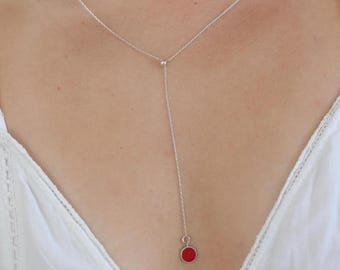 Collar en Y de plata de ley con piedra roja, collar minimalista ajustable, joyería delicada de coral