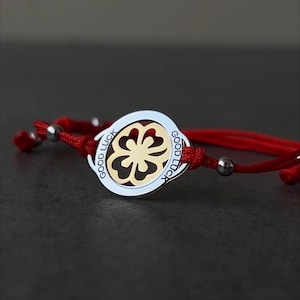 Four-Leaf Clover Sterling Silver Bracelet, Good Luck Women&#39;s Bracelet, Unique Handmade Jewelry, Lucky Charm Red Bracelet, Gift For Her