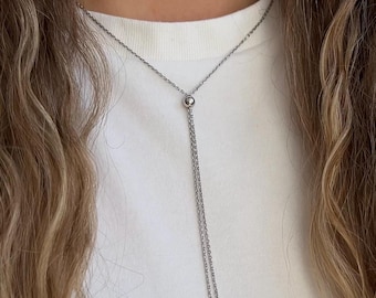 Sterling Silver Lariat Necklace: Adjustable Minimalist Chain, Trendy Jewelry