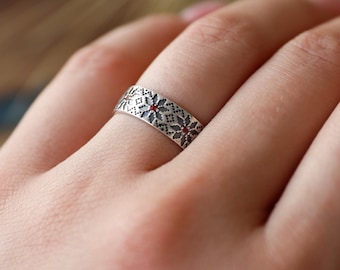 Sterling Silver Ukrainian Ornament Ring, Red Cubic Zirconia, Vysyvanka