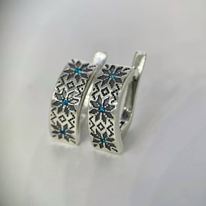 Handmade Vyshyvanka Earrings | Silver Blue Jewelry from Ukraine | 925 Sterling Ornament Earrings for Women | Silver Geometric Earrings