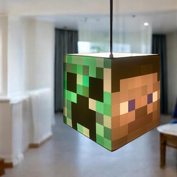 Handmade Minecraft Inspired Cotton Fabric Ceiling or Table Lamp Light Shade, Kids bedroom, creeper, steve, tnt, 3D sandbox, gamer, roblox
